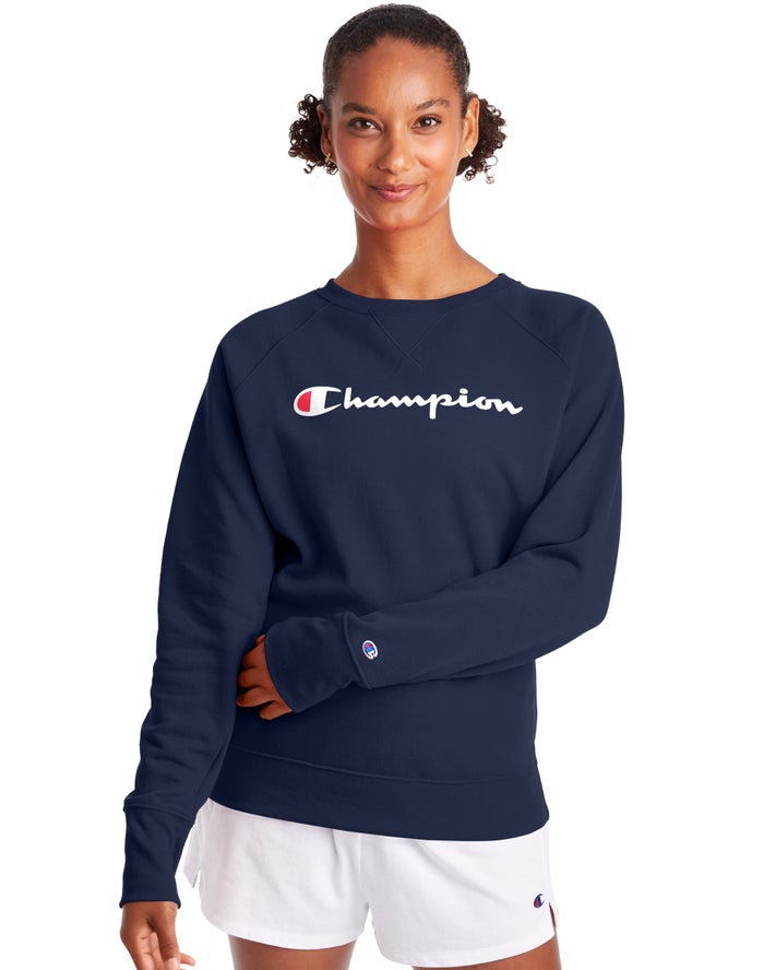 Champion Powerblend Fleece Classic Crew Script Logo Kadın Sweatshirt Lacivert ( FJGLZN498 )